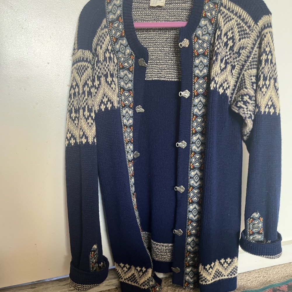 Navy and Cream Women's Cardigan Sweater